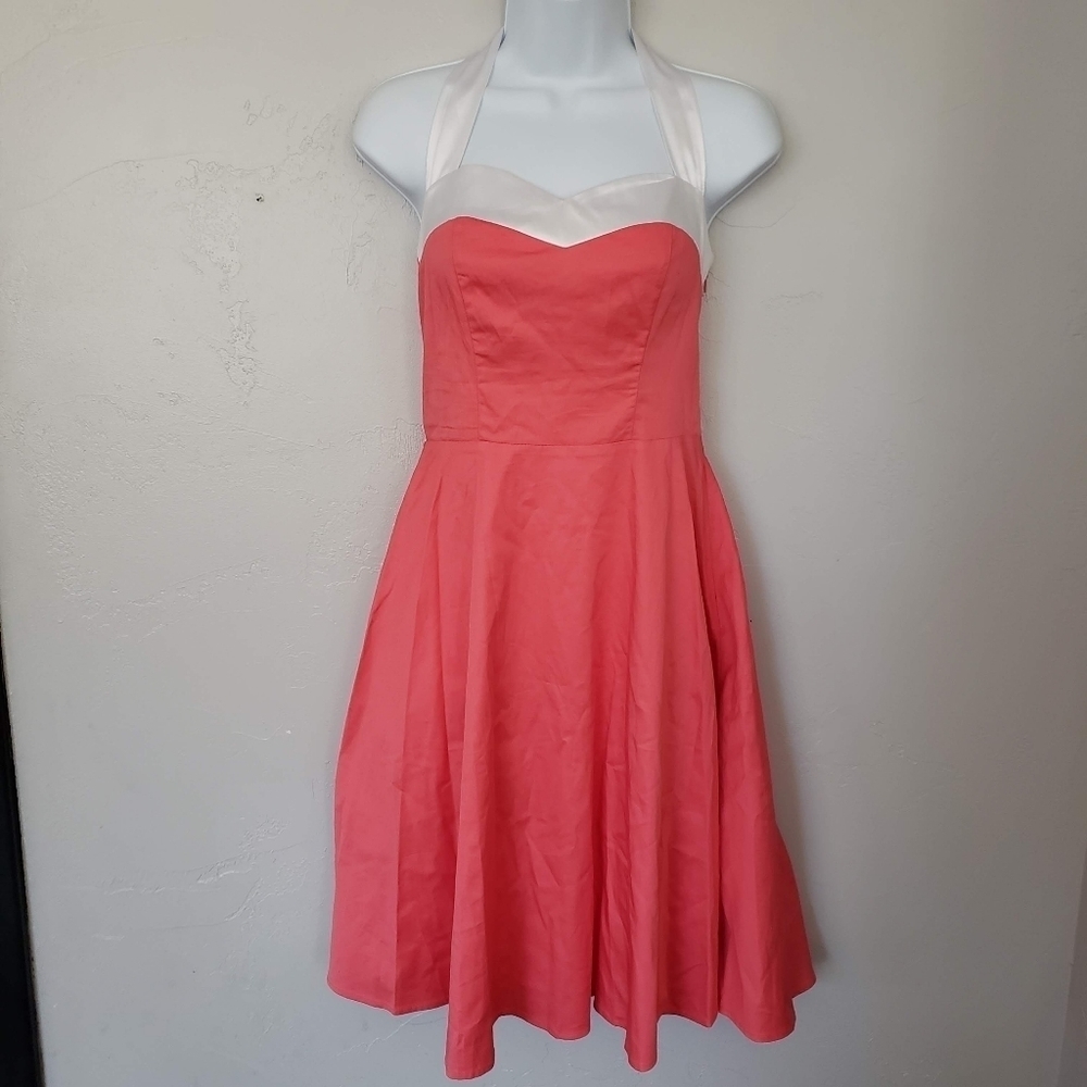 Dress Tells Women's Small Coral Pink Pin Up Dress Halter Top White Satin VLV